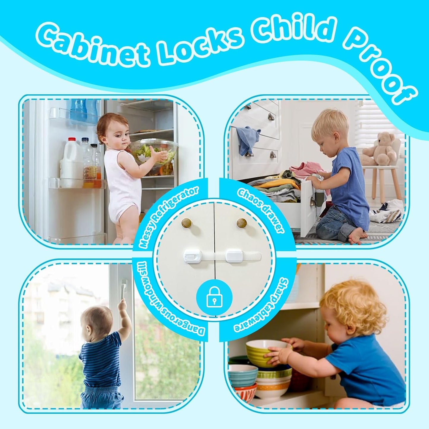 Child Safety Cabinet Locks(10 Pack)-Adjustable Baby Proofing Latches with Strong 3M Adhesive,No Drilling Child Proof Straps Locks for Drawers,Ovens,Doors,Toilet Seats,Fridge,- Easy Installation,