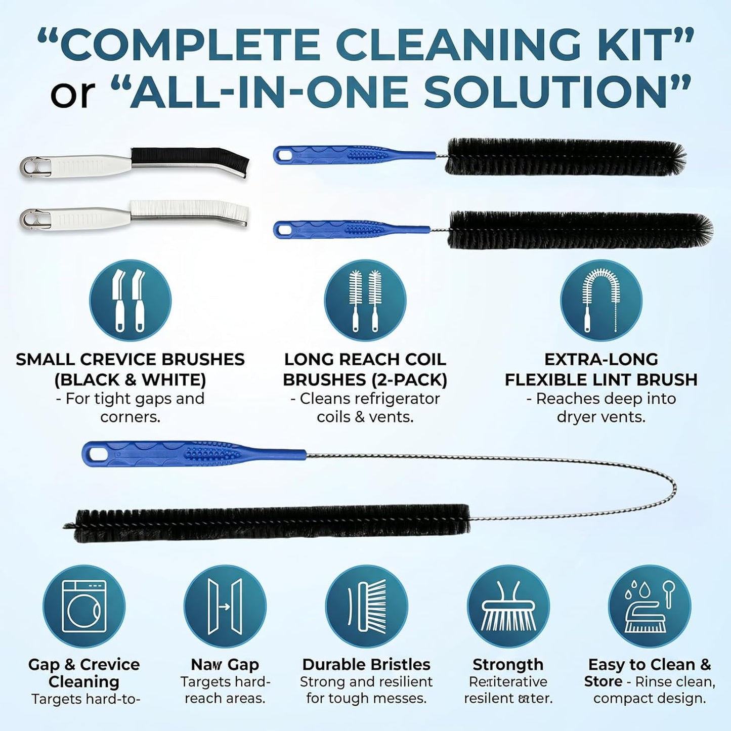 Dryer Vent Cleaner Kit 5PCS, Flexible Cleaning Brush Set with Long Pipe Brush and Drain Snake Tool for Dryer Lint, Sink Shower Pipe, Refrigerator Coil, Home Vent Cleaning Tool