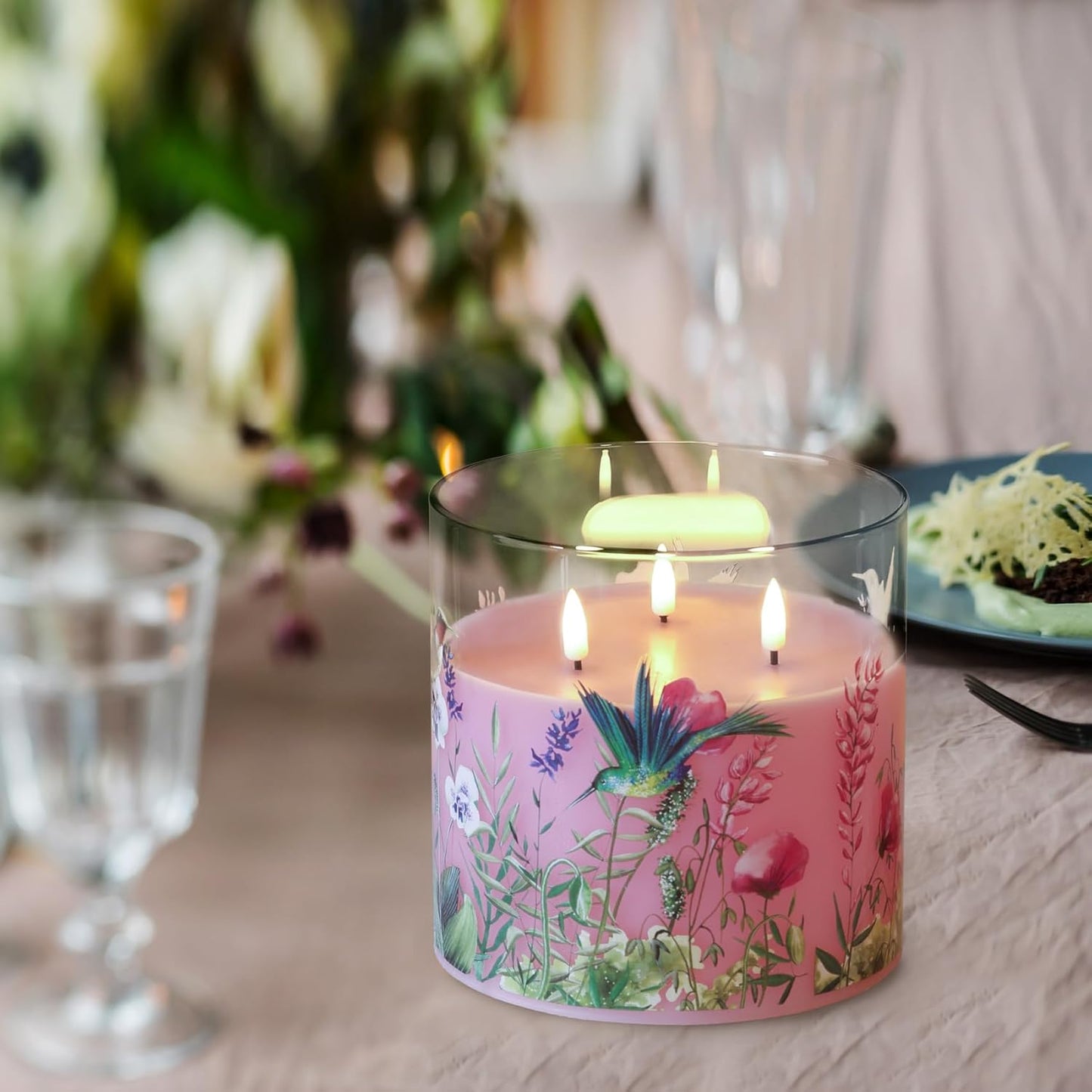 Eywamage 3 Wick Smoke Grey Glass Flameless LED Candle with Remote, Flickering Large Battery Pillar Candle Decor Φ 6" H 6"