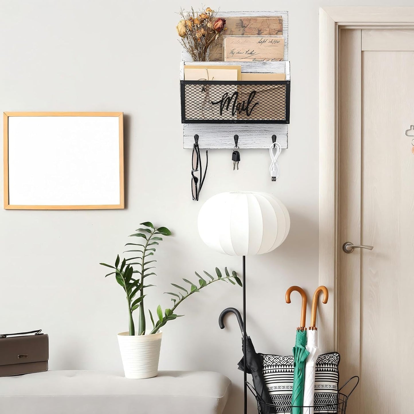Yalikop Farmhouse Mail Organizer Wall Mounted Rustic Mail Holder Hanging Key Sorter with 3 Hooks Indoor Wooden Wall Mounted, Letter, Magazines, Newspapers, Keys(Classics,Brown)