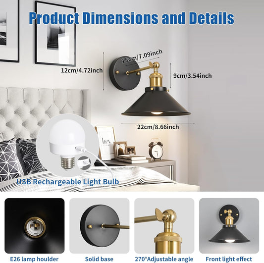 Bailoch Black Vintage Wireless Battery Operated Wall Sconces, Industrial Cordless Battery Powered Led Wall Lights Set of 2, Wall Lamp Fixture Indoor with Remote Control for Bedroom Farmhouse Gallery