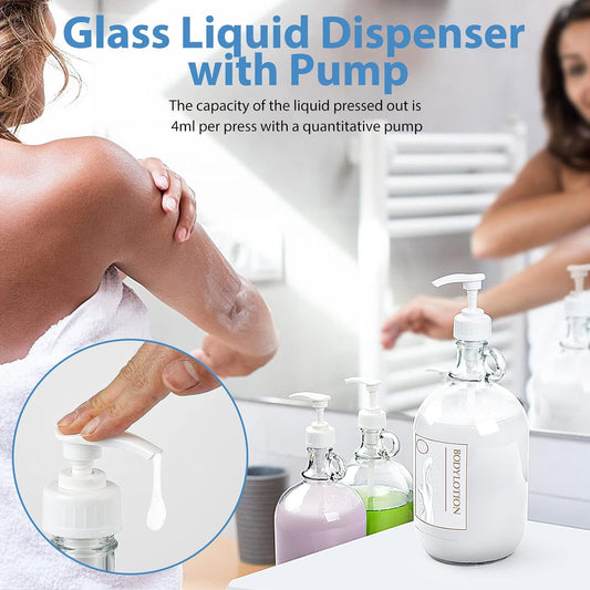 Sovietiep 2 Pack 64 Oz Laundry Detergent Dispenser with Pump and Lid - Half Gallon Glass Pump Bottle for Laundry Soap Dispenser, Liquid Detergent, Fabric Softener Dispenser - Extra Label, Funnel