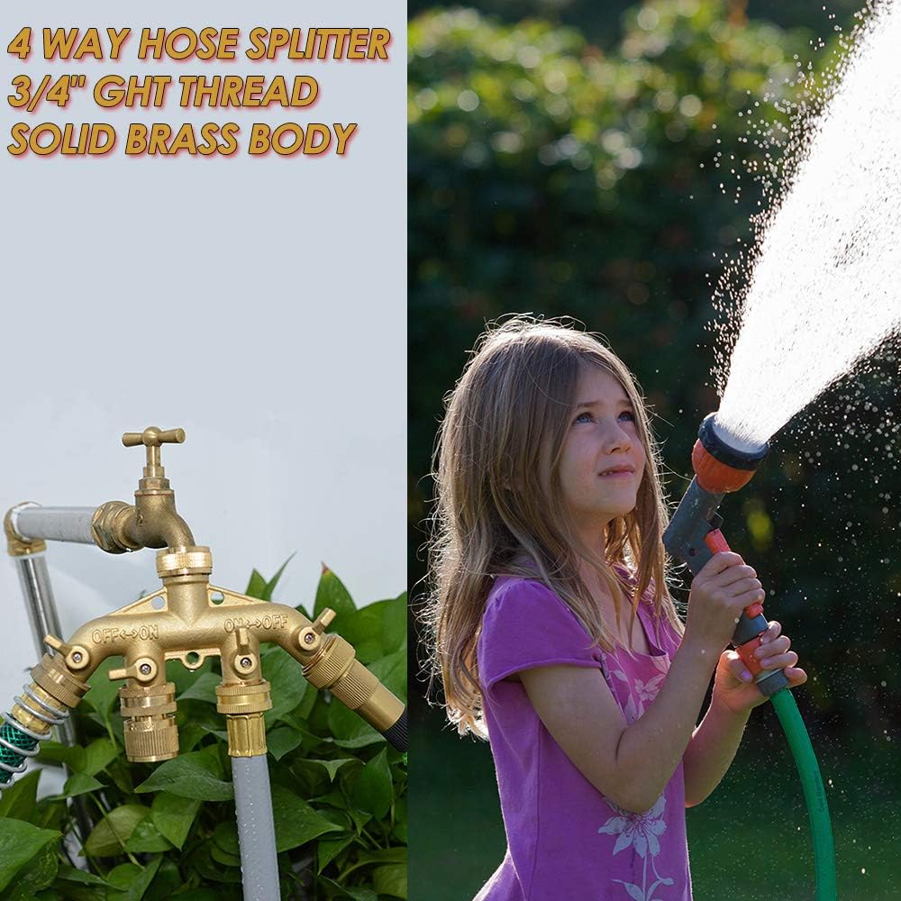 HQMPC Hose Splitter Garden Hose 3 Way Valve Brass Hose Splitter with Solid Long Handle Hose Spigot Splitter 3 Way Valve 3/4" GHT Thread
