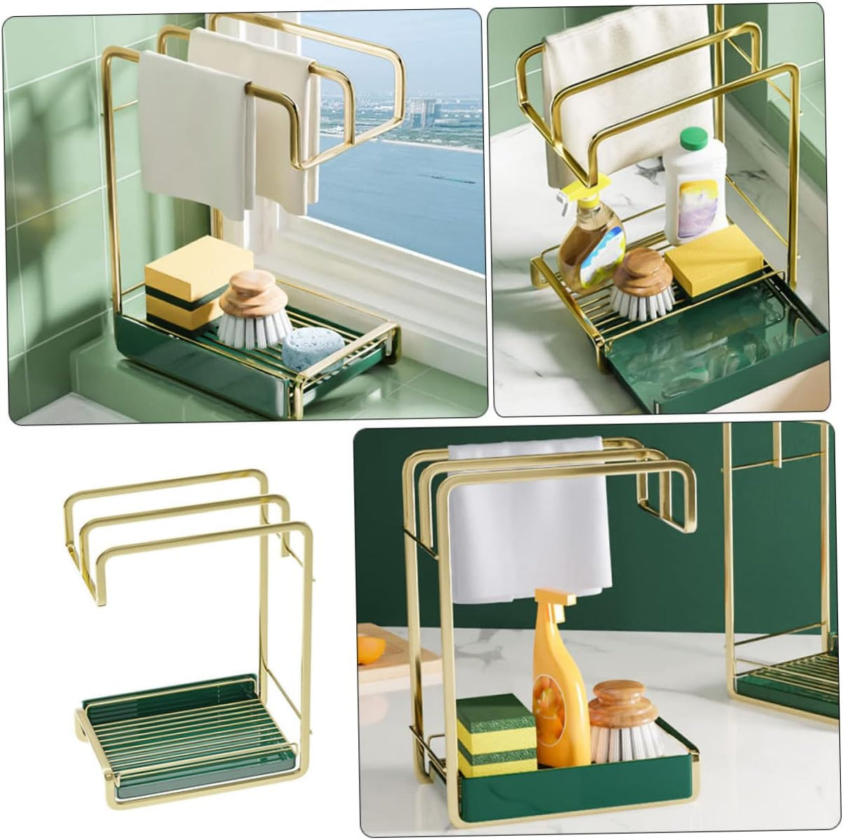 Cabilock Kitchen Wall Mounted Iron Draining Rack with Triple Rods for Dish Cloth and Sponge Storage Space Saving Tableware Drying Organizer in Gold Practical Kitchen Cleaning Tool Holder
