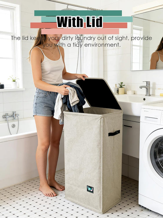WTREE Laundry Hamper with Lid, Reinforced Sturdy Clothes Hamper with Anti-Puncture Base, Large Collapsible Laundry Basket with Removable Liner Bag, Tall Dirty Clothes Bin for Family, 100L Grey