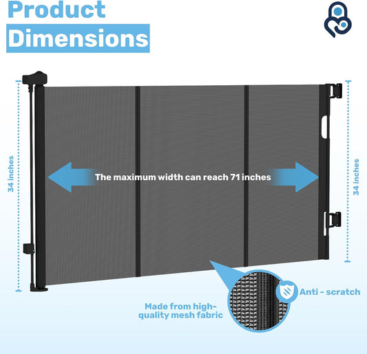 Baby Proof Me Retractable Baby Gate for Stairs & Doorways - 71” Wide Mesh Safety Gate for Toddlers, Dogs & Pets - Indoor/Outdoor Retractable Dog Gate for Hallways, Deck, Porch - Easy Installation