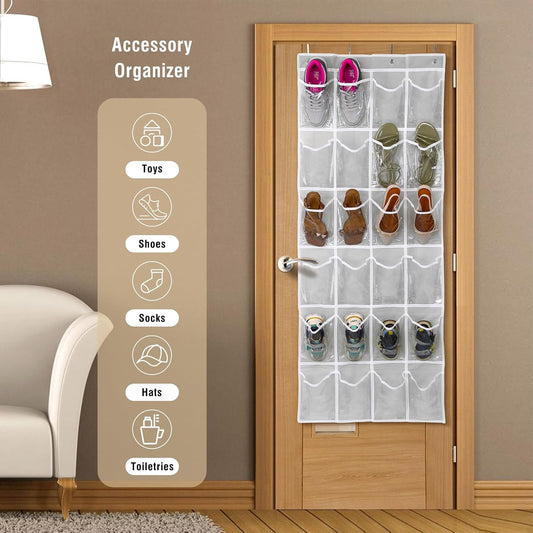 GOMAJI Over the Door 24 Pocket Hanging Shoe Organizer, Space Saving Hanging Storage Holder, Gray, (64" X 19")