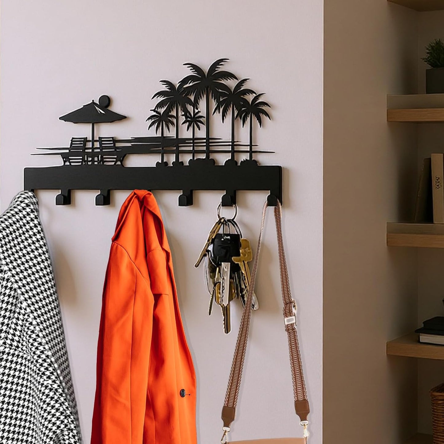 Tropical Style Key Holder Wall Mount with 7 Hooks, Key Hanger Organizer for Front Door, Hallway, Entryway & Office Decor, Featuring Sunset and Coconut Tree Design