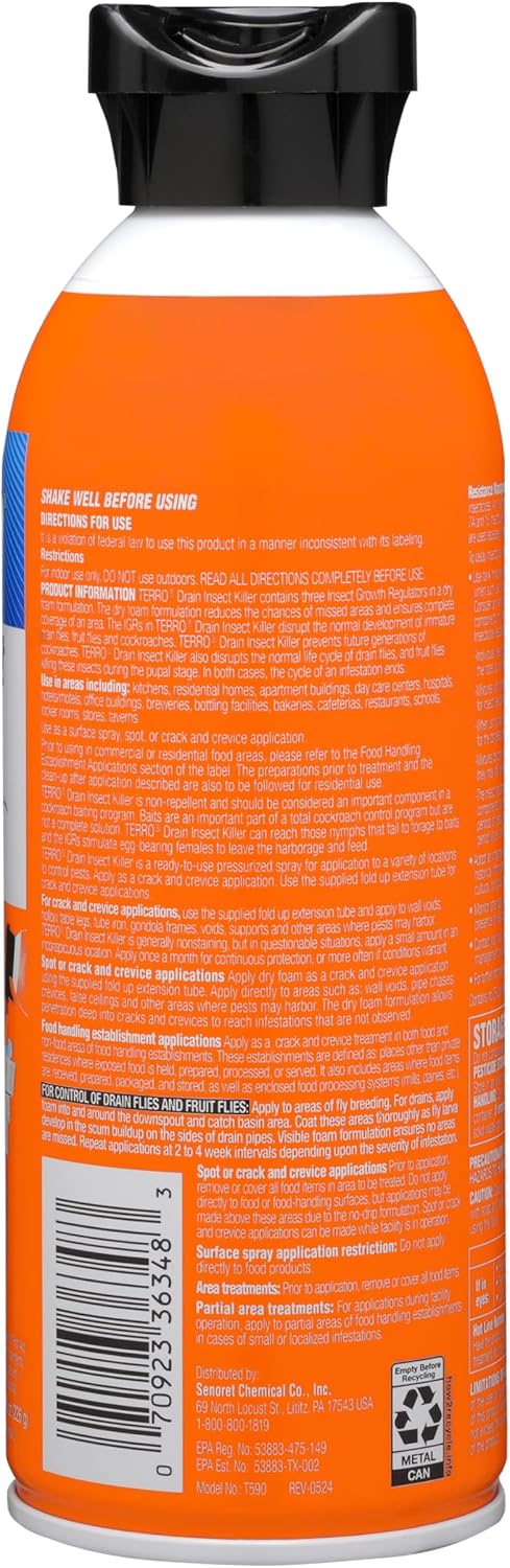 TERRO Drain Insect Killer, 1-Pack, Foam Treatment for Indoor Infestations | Kills Cockroaches, Drain, House, & Fruit Flies, Extension Tube Application, Drain Fly Killer, Works on All Pipes