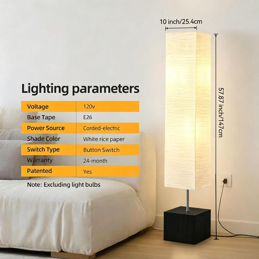 Nordic Minimalist Standing Floor Lamp, White Rice Paper Shade Floor Lamp with Solid Black Wood Base, Tall Floor Light, 57.87 Inch Slim Corner Lamp for Living Room Bedroom Bedside, 120V Corded Electric