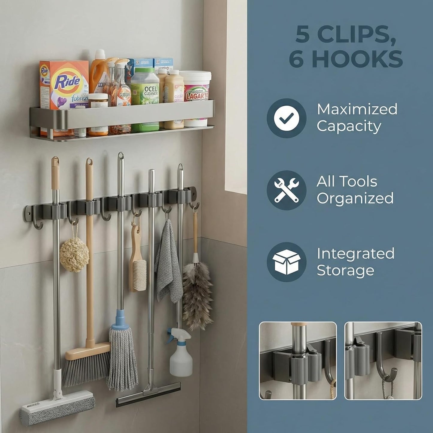 Broom Holder Wall Mount 24 Inch, Heavy-Duty Hooks & Sturdy Anti-Fall Large Capacity Shelf, Holds Brooms, Mops, Vacuums & Cleaning Supplies for Laundry Room, Garage and Closet