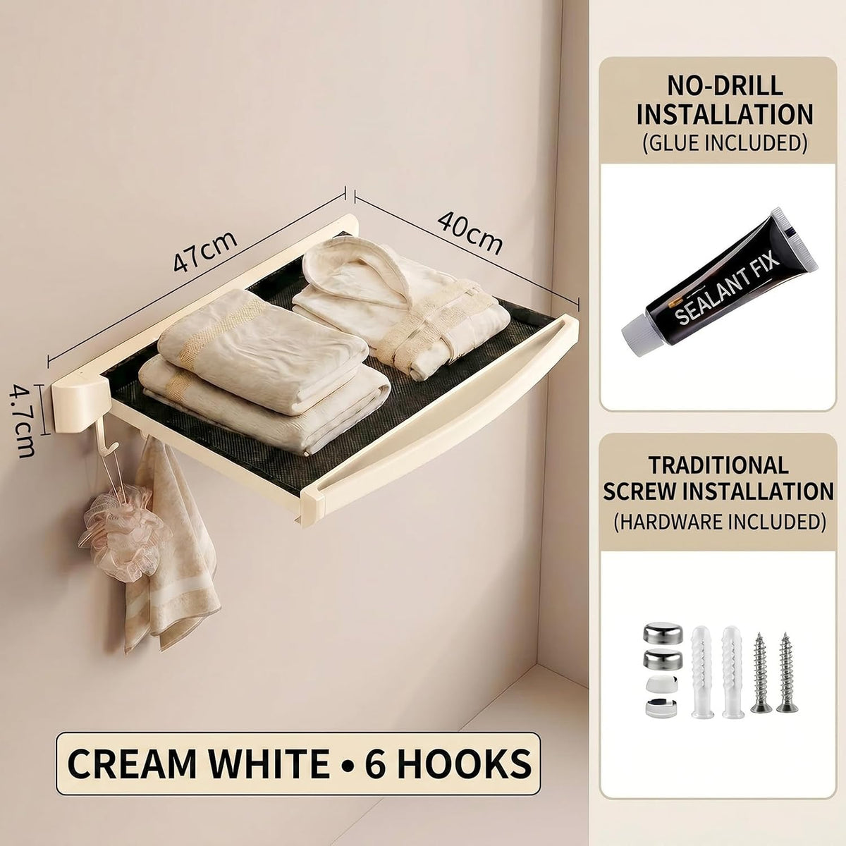 Wall Mount Drying Rack Bathroom Shelf, Retractable Space Saving Organizer with 6 Hooks for Towel Storage, Foldable Laundry Hanging Rack for Kitchen Balcony Bathroom