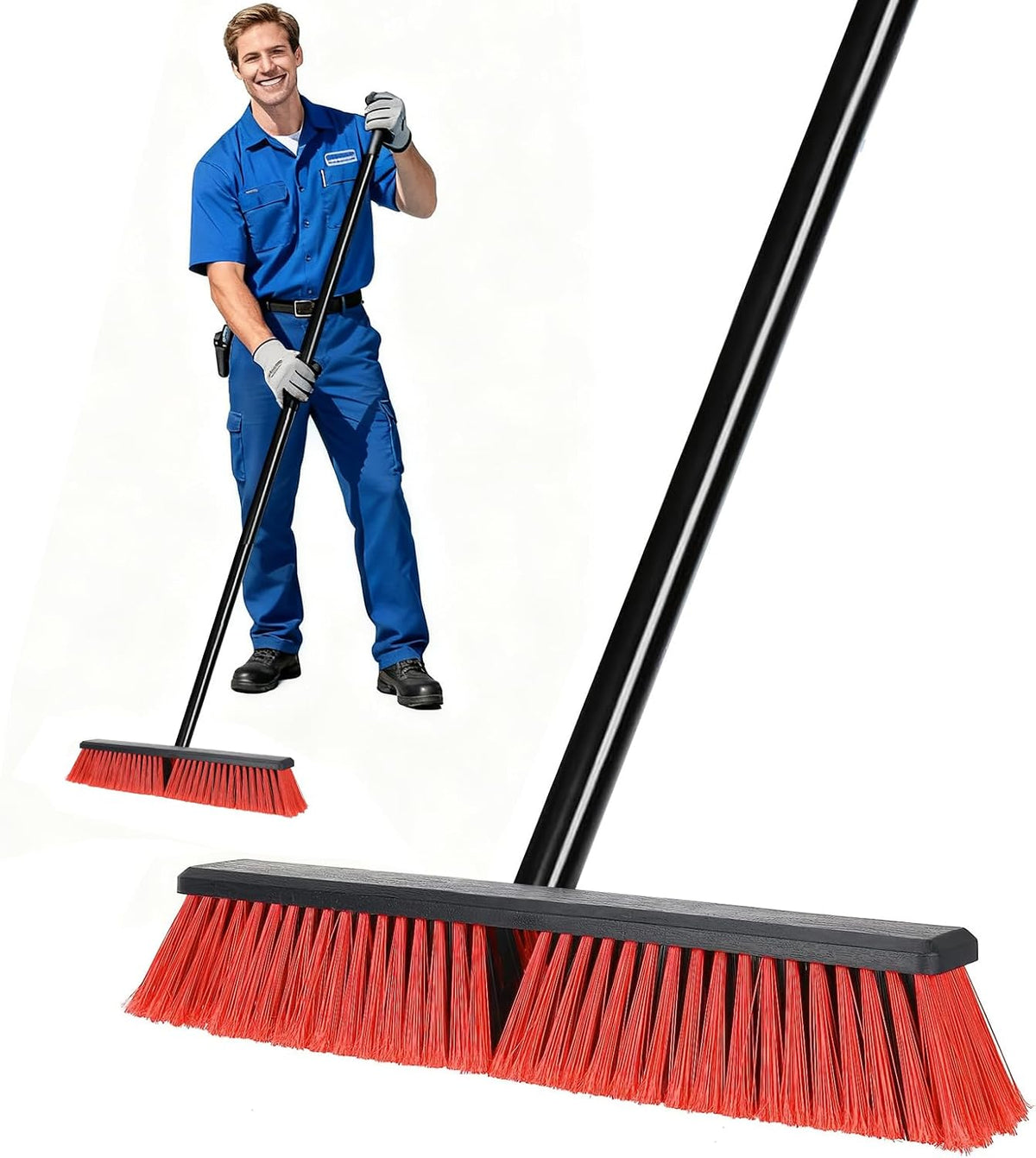 Push Broom, Outdoor Broom, Push Broom Outdoor for Garage, Deck (Orange) | 18‑inch stiff bristle head works as garage, shop & industrial broom for concrete, decks, patios. Ergonomic handle + hook