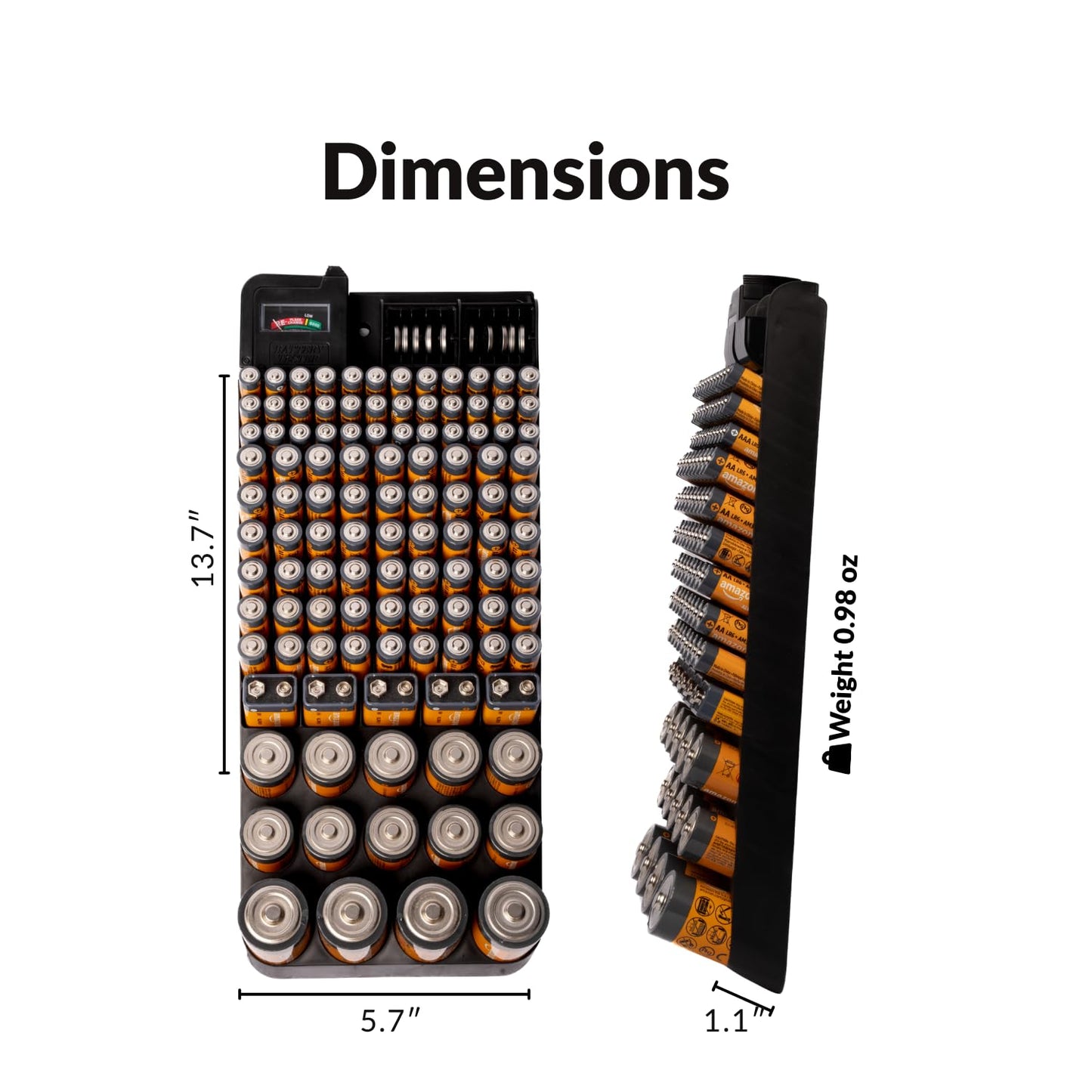 Bee Neat Hanging Battery Organizer with Tester - Battery Storage Box for Wall or Drawer - New & Improved Slanted Slot Design - Max. 117 Batteries AA, AAA, 9Volt, C, D & Button Batteries