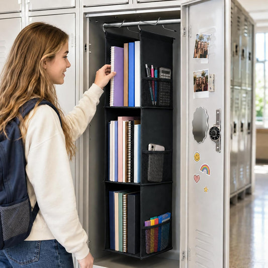 3-Shelf Hanging Locker Organizer for School, 600D Oxford Fabric Locker Shelf Organizer with 6 Mesh Side Pockets, Portable Hanging Storage for Work, Gym, and Closet Lockers