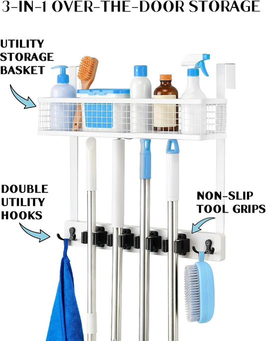 Lorbro Over the Door Broom Holder with Cleaning Supply Organizer, Wooden Mop and Broom Holder Wall Mount, 4 Grips, 4 Hooks, No-Drill Storage Rack, Mop Hanger for Laundry Room, Garage, Storage