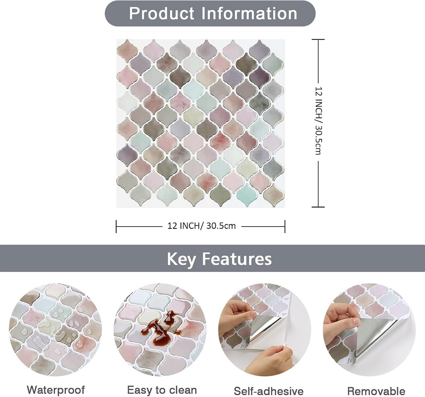 CHIHUT Arabesque Peel and Stick Backsplash 12''x12'' Waterproof Oil Proof Blush Pink Lavender Mottled Marble Self Adhesive Wall Tiles Removable Glossy Stick on Backsplash for Kitchen Bathroom 6 Sheets