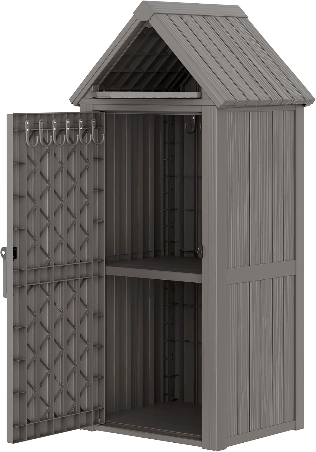 Bifanuo Deck Box Storage Shed Outdoor Storage Cabinet, Vertical Waterproof Resin Material Plastic Shed with Removable Shelves, 12 Hooks and Lock Ring for Garden, Pool and Patio (Classic Black)