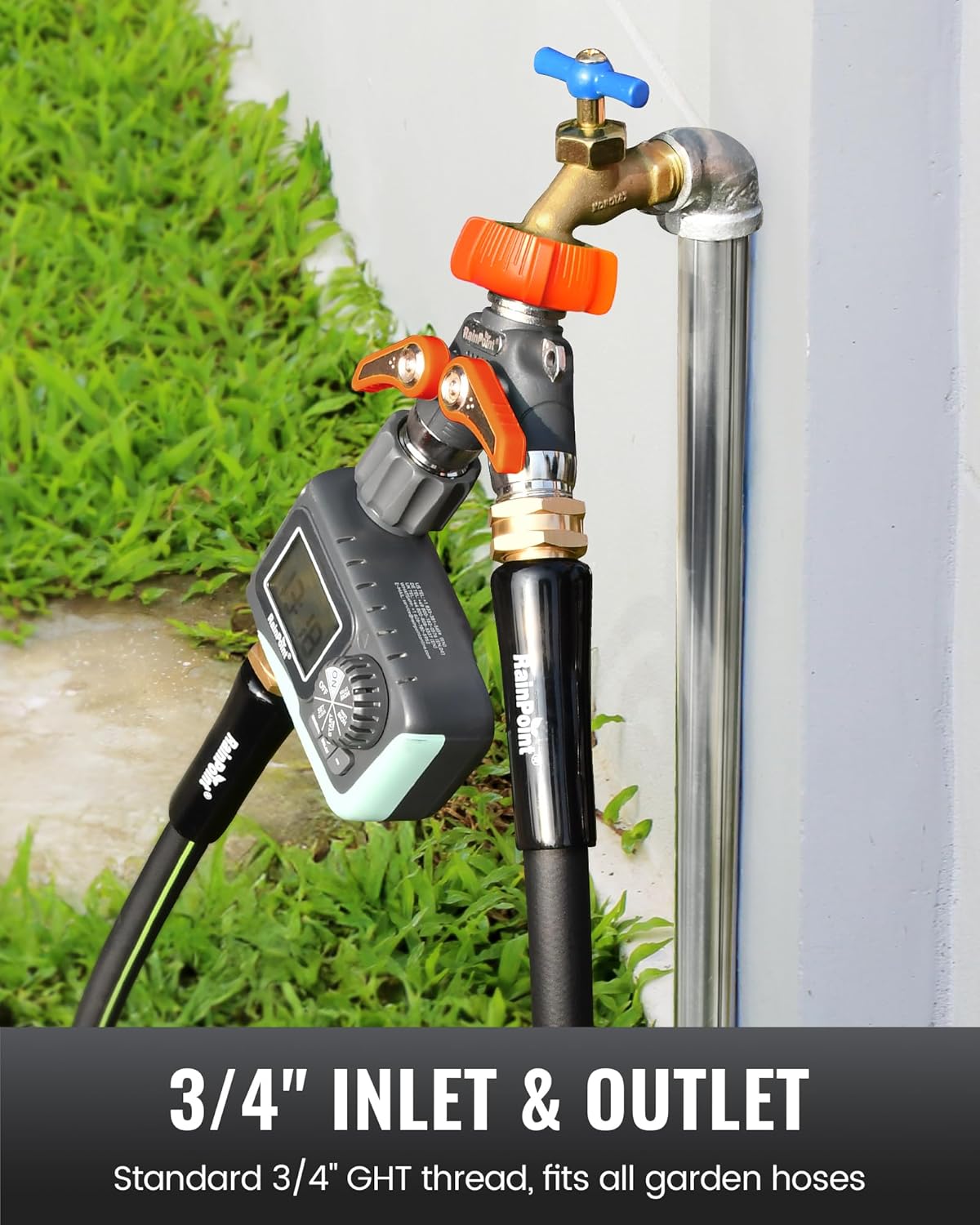 RAINPOINT 2 Way Garden Hose Splitter | Heavy Duty Water Spigot Splitter with Shutoff Valves, 100% Metal Body, 1.9" Extra Long Metal Handle, 3/4" GHT Thread