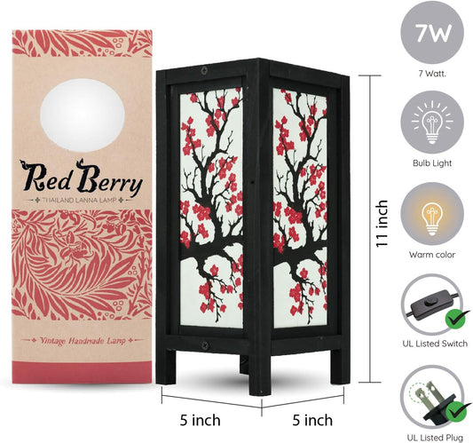 RED BERRY THAILAND LANNA LAMP Japanese Sakura/Cherry Blossom LAMP - Handmade Wood Table Lamp with Mulberry Paper Shade - Vintage Indoor Decor, 5 x 5 x 11 inches, 0.75 pounds