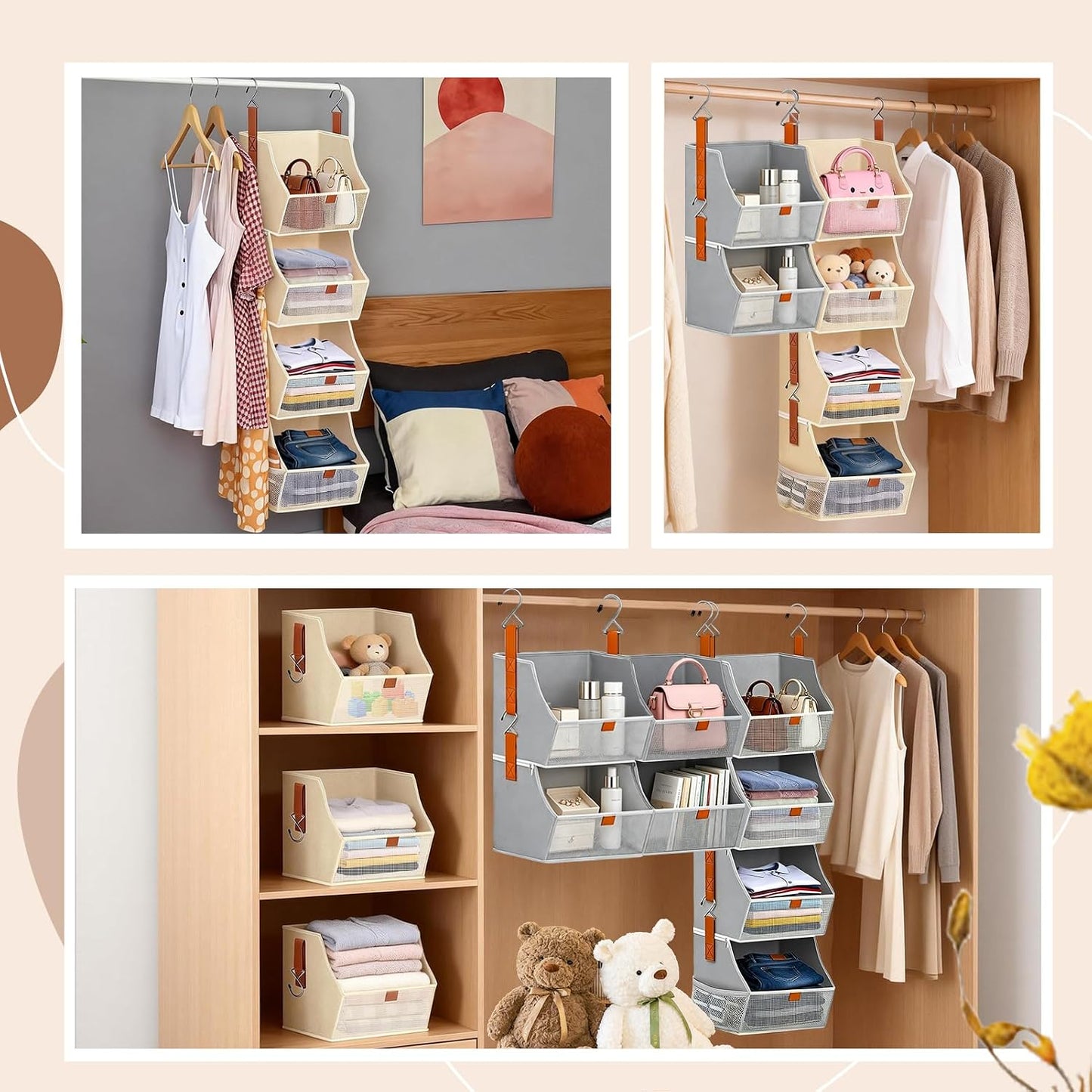 Fabric 4 Tier Hanging Closet Organizers Heavy Duty Shelf Hanging Storage Towel Clothes Sweater Jeans Bag Organizer For Closet For Bedroom,Dorm,RV,See Through Front Panel, Space-Saving (Beige-4Tier)
