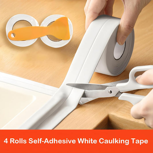 4 Rolls White Caulking Tape, Self-Adhesive Waterproof Sealant Tape for Kitchen, Bathroom, Bathtub, Toilet Base, Countertop Edge Protector, Wall Floor with Sealing Tools (126 x 1.5in)