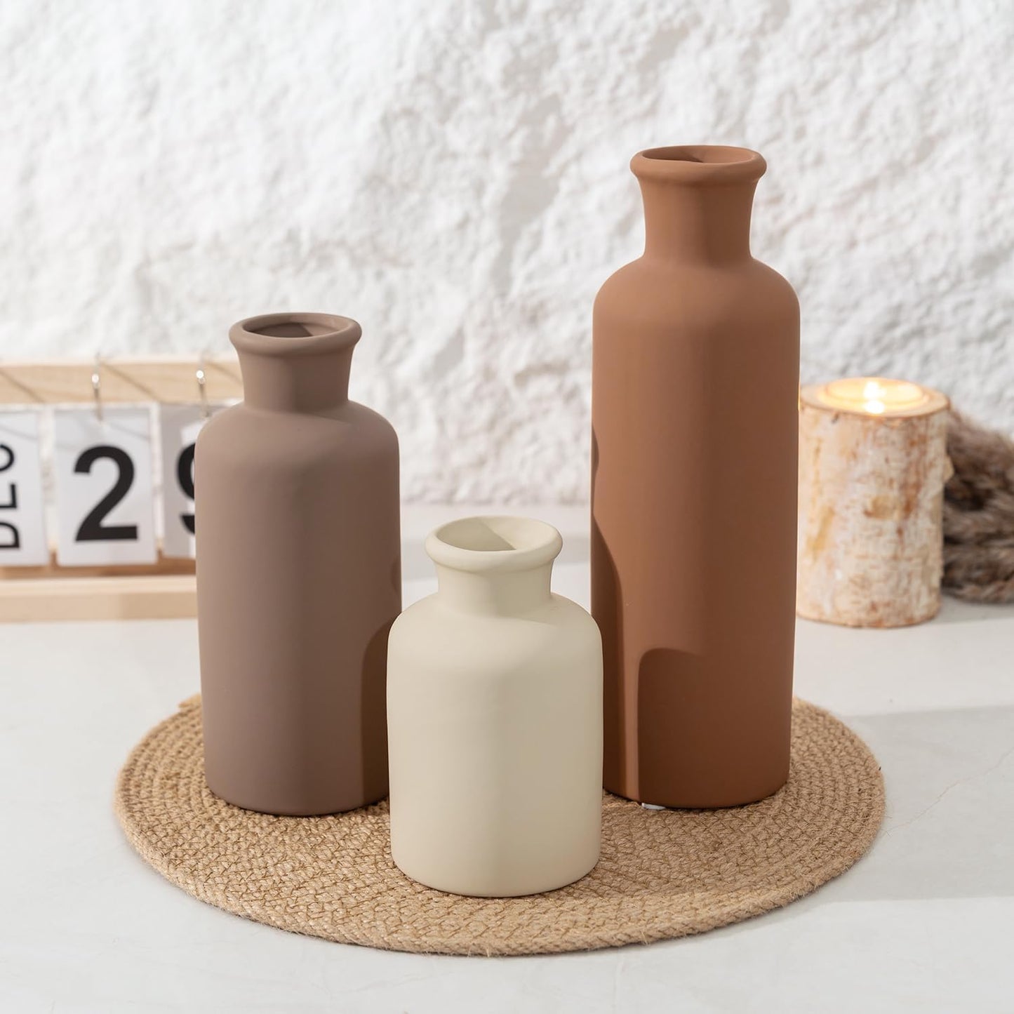 Ceramic Vase Set of 3, Modern Minimalist Neutral Home Decor, Boho Rustic Farmhouse Decorative Vases for Pampas Grass Dried Flowers | Table Centerpiece Entryway Mantel Bookshelf(Black Mix Set - Gray#1)
