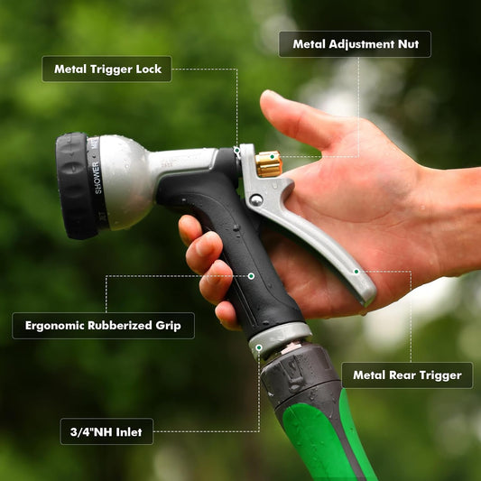 RESTMO Garden Hose Nozzle Heavy Duty, Leak-proof Water Hose Sprayer | 7 Adjustable Spray Patterns, Durable Metal, Flow Control, Ideal for Plants & Lawns Watering, Cars & Pets Washing, Green
