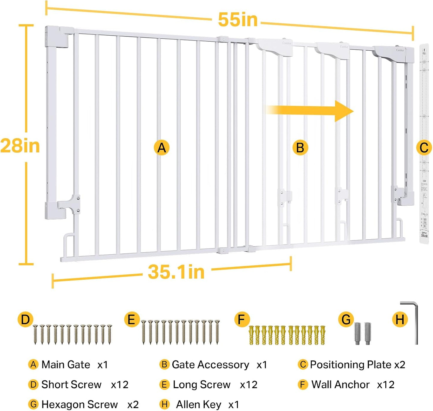 Cumbor 29.2–43" Baby Gate for Stairs, Hardware Mounted (Drill Required), Expandable No Bottom Bar Dog Gate, Auto Close Extra Wide Walk Thru, Pet & Toddler Proof Gate, Top & Bottom of Stairways (White)