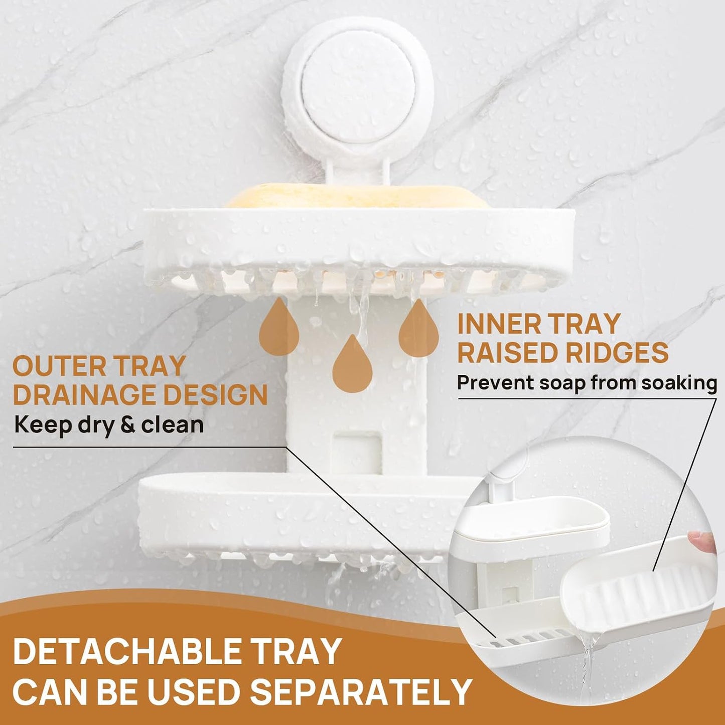 LEVERLOC Soap Dish Holder for Shower Suction Cup Wall Mounted Self Draining NO-Drilling Removable Bar Soap Sponge Holder for Bathroom Bathtub Kitchen Sink Waterproof Strong Vacuum Suction Adhesion