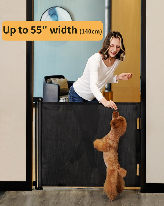 AOURMKOOP Retractable Baby Gate,Mesh Baby Gate or Mesh Dog Gate,33" Tall,Extends up to 55" Wide,Child Safety Gate for Doorways, Stairs, Hallways, Indoor/Outdoor(Black,33"x55"
