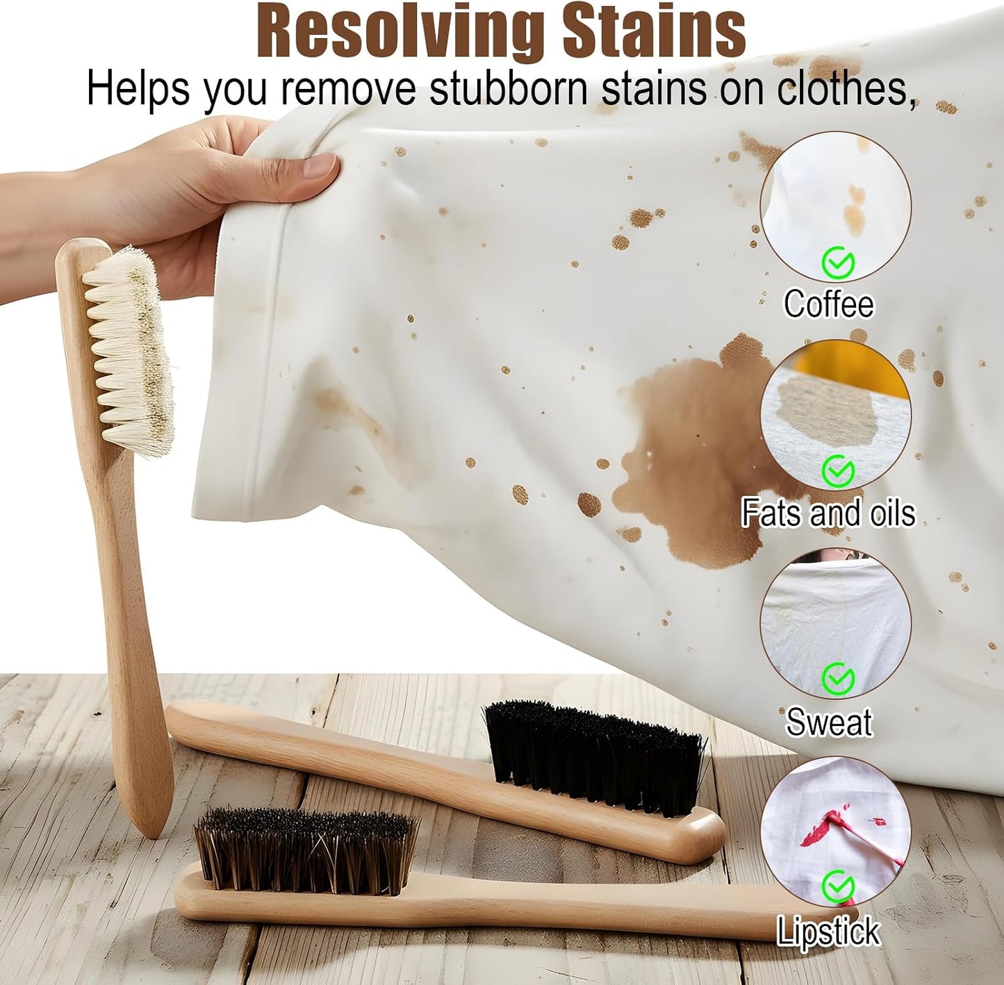 3 Pcs Laundry Stain Brush, Wood Laundry Stain Brush with Boar Bristle for Scrubbing Stains from Cloth Fabric Leather and Household
