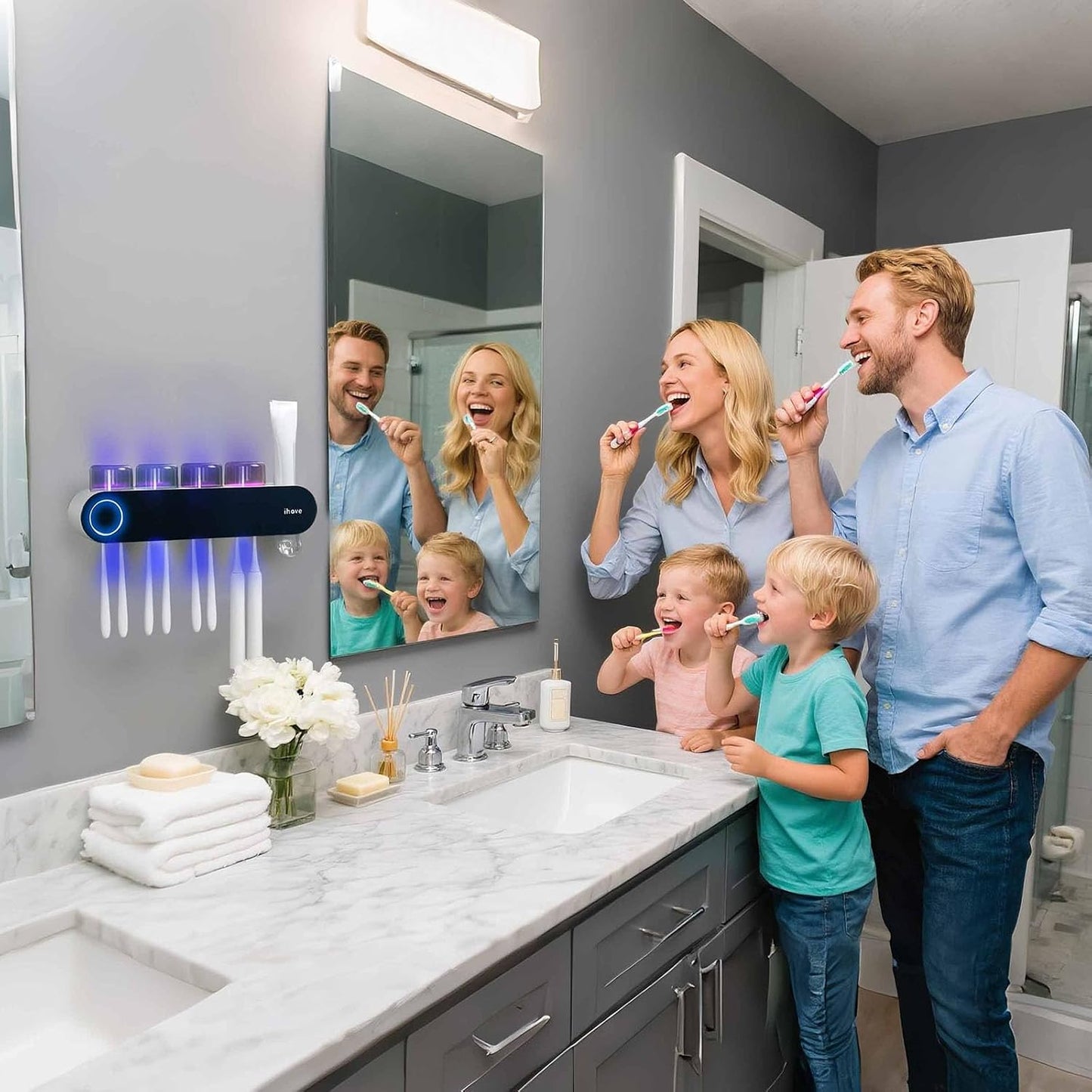 iHave Toothbrush Holders for Bathrooms, UV Toothbrush Sanitizer and Holder Smart Home Bathroom Accessories, 2 Cups Electric Toothbrush Holder Wall Mounted with Toothpaste Dispenser Bathroom Decor