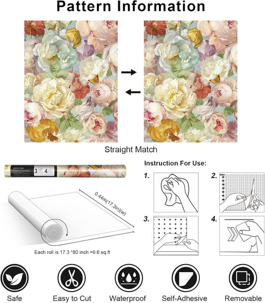 Simon&Siff Floral Peel and Stick Wallpaper 17.3"x80" Pink Watercolor Flowers Wall Murals Removable Wall Paper for Bedroom Bathroom Cabinet Renter Friendly