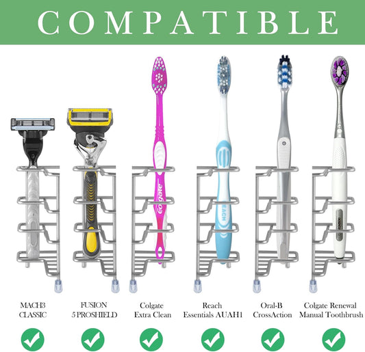 Linkidea Self Adhesive Toothbrush Holder for Shower, Stainless Steel Toothpaste Organizer, 3 Slots Wall Mount/Countertop Stand Compatible with Colgate Extra Clean, Oral-B CrossAction