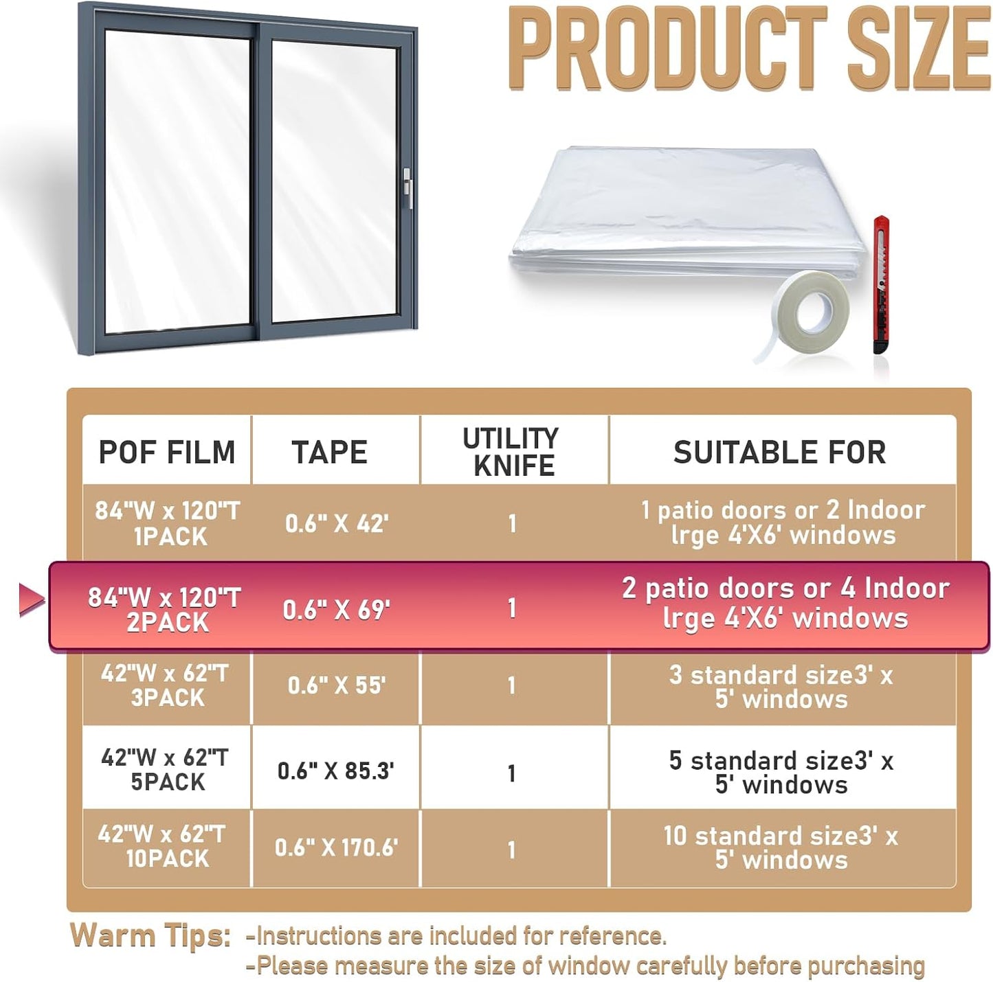 Window Insulation Kit for Winter,Plastic Shrink Film & Strong Tape, Indoor Thermal Seal to Block Drafts, Cold Air for Windows and Patio Doors,5-Pack(42"W x 62"T)