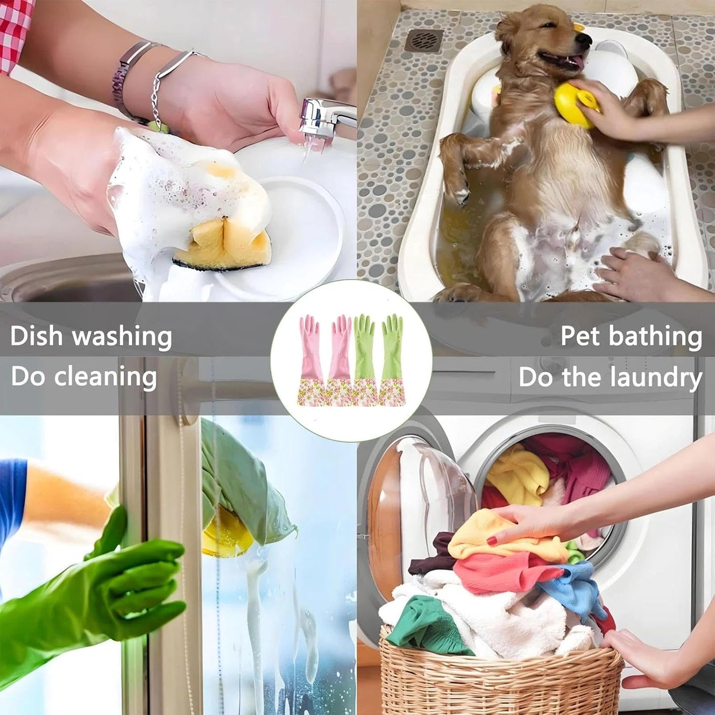 KINGFINGER Rubber Latex Waterproof Dishwashing Gloves for Kitchen,Precision Flocking Household Cleaning Gloves 2 pairs