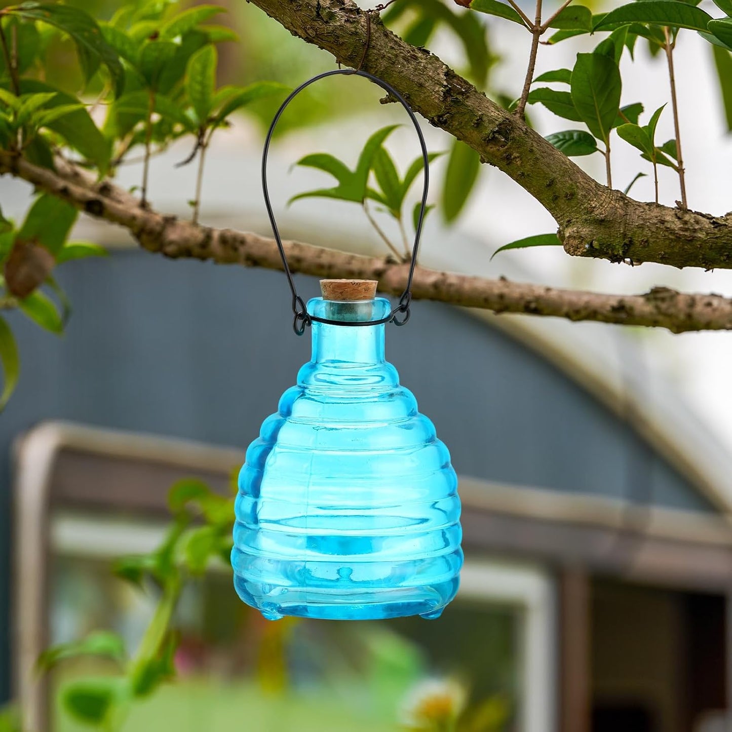 2 Pieces Glass Wasp Trap Outdoor Hanging Reusable Wasp Traps with Steel Hooks Yellow Jacket Catchers Trap for Outside Garden Farm Courtyard Garden, Blue