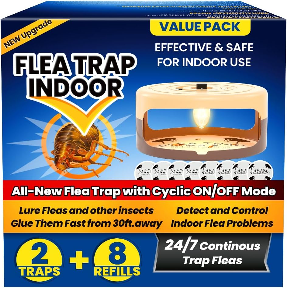 2 Pack Flea Traps for Inside Your Home, Indoor Flea Traps with 8 Sticky Pads, Flea Monitoring Trap for Home, Sticky Insect Catcher for Fleas, Moths & Gnats