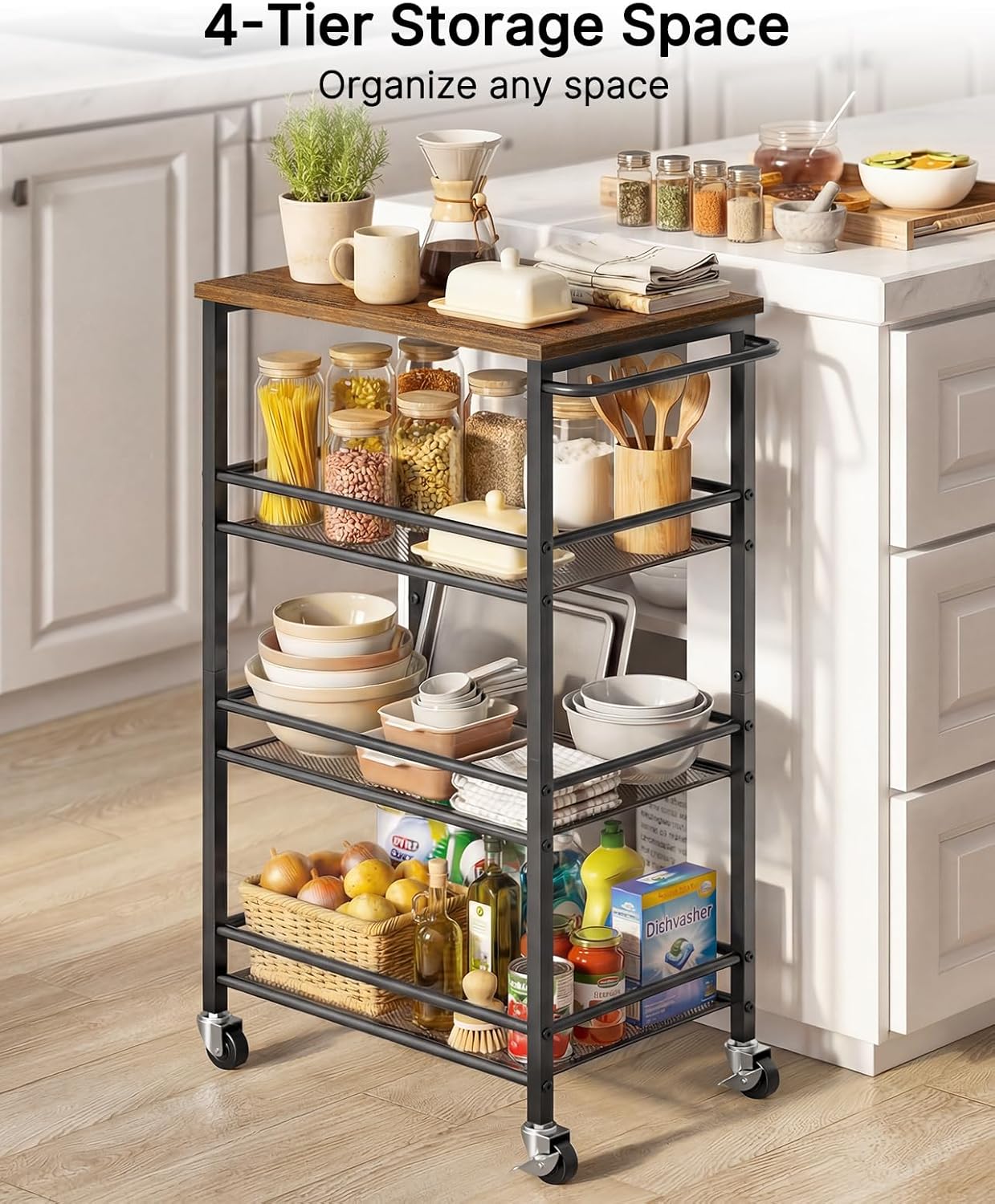 Pipishell Slim Storage Cart with Wheels - 4 Tier Rolling Kitchen Storage Cart with Handle and Wood Top, Metal Slim Bathroom Cart for Laundry Room, Bathroom, Kitchen, Narrow Space, Black & Rustic Brown