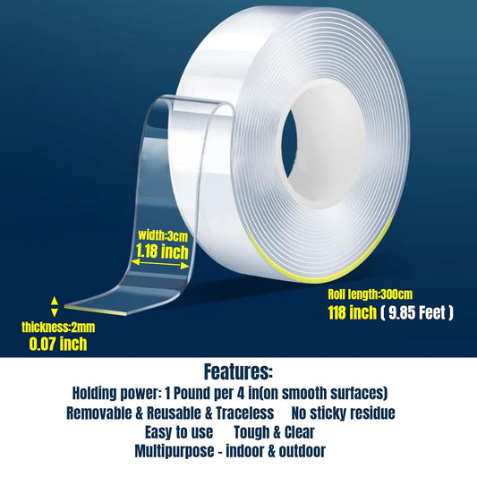 Double Sided Tape Heavy Duty,Removable Clear Nano Mounting Tape,Picture Hanging Adhesive Strips,Tough & Clear Weatherproof for Indoor/Outdoor Use,Perfect for Picture Hanging & Carpet-10FT