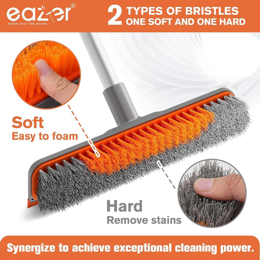 Eazer 2-in-1 Floor Scrub Brush with Long Handle, Soft/Hard Bristle Concrete Deck Brush with Squeegee, Garage Floor Cleaner for Tile/Concrete, Indoor/Outdoor Kitchen Bathroom Pool Deck -12" W/60 H