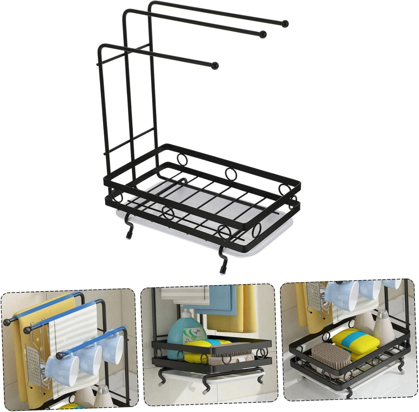 SOLUSTRE Dual-Purpose Wall-Mounted Sponge Rack Black 3-Rod Dishcloth Holder Kitchen Draining Rack for Sponge and Rags Space-Saving Design for Cleaning Supplies