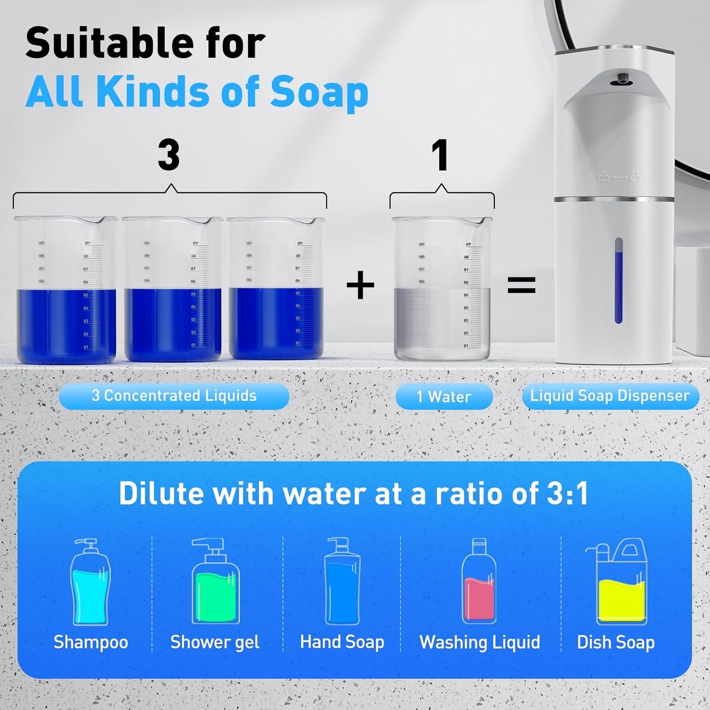 Fantictas Automatic Soap Dispenser,Touchless Hand Wall Mount Rechargeable 3 Gear Adjustable Electric Soap Dispenser 350ml with Infrared Motion Sensor for Bathroom,Kitchen,Office, White Gel