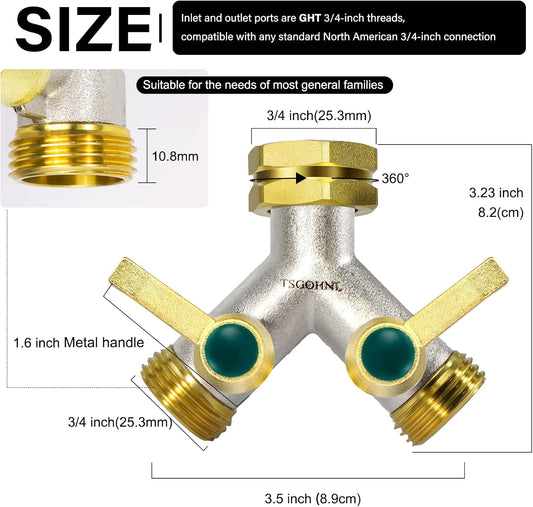Garden Hose splitter, Heavy Duty Solid Brass Y splitter, Rust Resistant Two-Way Faucet splitter, Frost Resistant Outdoor Hose splitter,Brass Nickel,Extended Metal Handle Valve