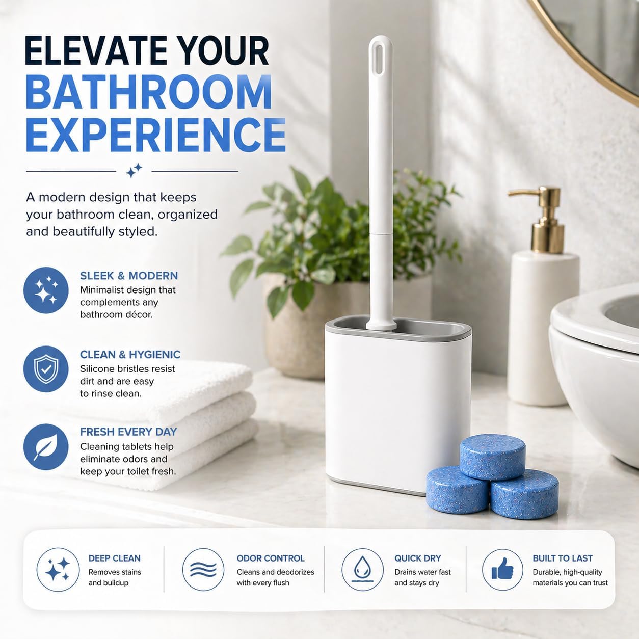Silicone Toilet Brush and Holder Set with 3 Cleaning Tablets, Quick-Dry Base, Flexible Non-Scratch Bristles, Odor-Free Bathroom Toilet Bowl Cleaner Brush, Compact Space-Saving Design