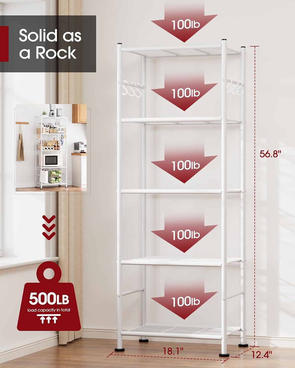 Sakugi Storage Shelves - 5-Tier Large Capacity Shelf Organizer with Hooks, Heavy-Duty Garage Shelving with Leveling Feet, Wobble-Free Rack for Bedroom, Balcony, Garage, 18.1"×12.4"×56.8", Black