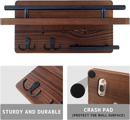 Wooden Key and Mail Holder Wall Mount with 5 Hooks for Entryway Decor | Hold keys&mail,Solid natural wood,Sturdy metal hooks,Easy wall mount,Rustic farmhouse decor