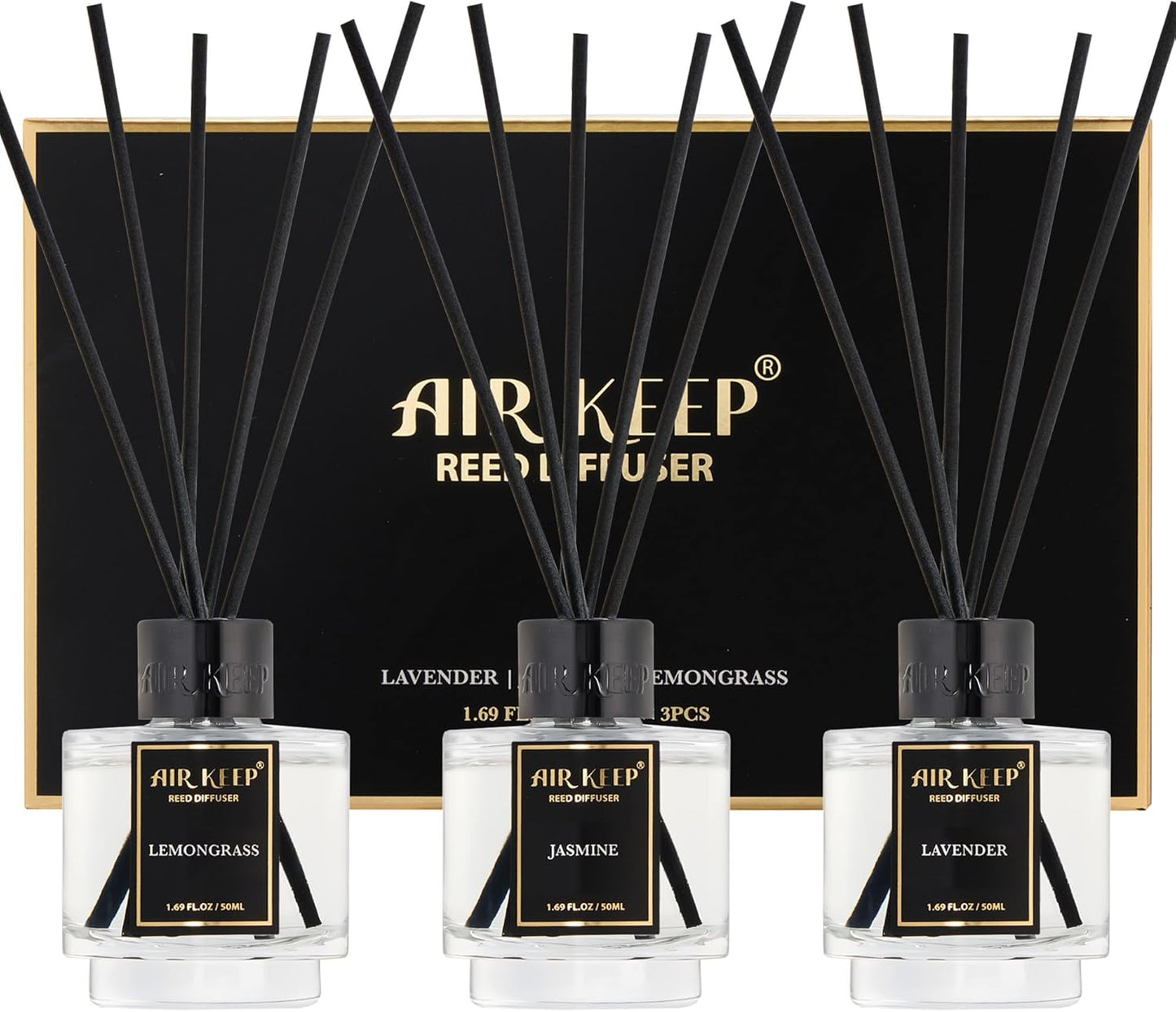 Airkeep Reed Diffuser Set of 3 for Bathroom Air Fresheners, Oil Diffuser Sticks | Cedar Wood,White Pine Moroccan Amber Scent Diffuser(1.7 fl oz*3) Fragrance with 18 Sticks Defusers | Shelf Decor