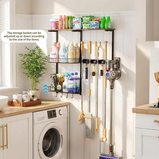 Broom Holder Wall Mount,Mop Rack With Storage Basket,Diversity Laundry Room Cleaning Tool Storage container,Suitable Family Garage Kitchen Organization Wall-Mounted Rack (Black, Medium)